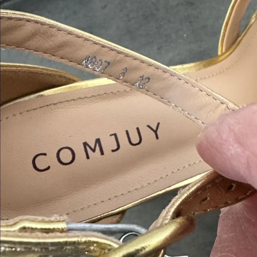 COMJUY Gold Metallic Platform Block High Heel Sandals Peep Toe Women's Size 8